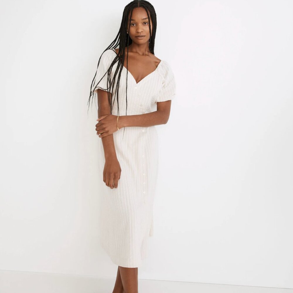 White Midi Cotton/Linen Wrap Dress